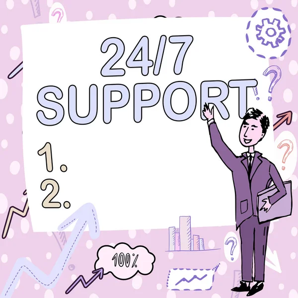 Hand writing sign 24 Or 7 Support. Business overview Giving assistance to service whole day and night No downtime Gentleman Drawing Standing Pointing Finger In Blank Whiteboard. — Stock Photo, Image