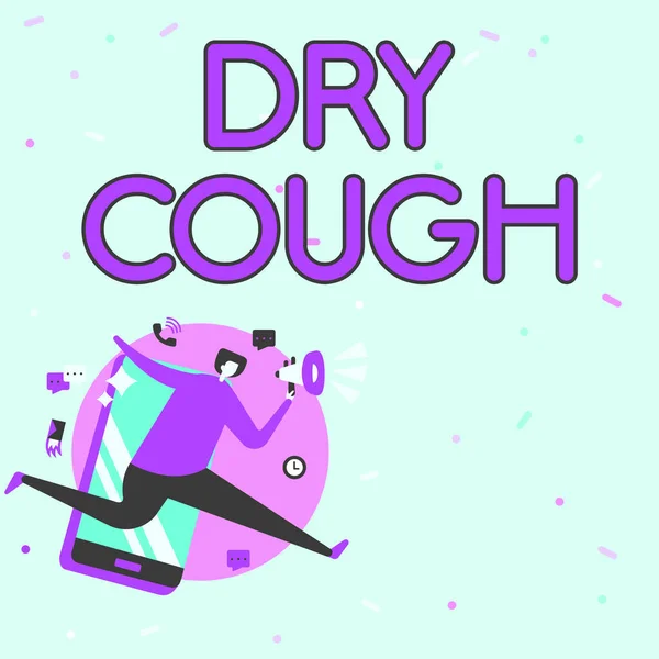 Text sign showing Dry Cough. Business overview cough that are not accompanied by phlegm production or mucus Man Drawing Holding Megaphone Running With Phone Making Comments. — Zdjęcie stockowe