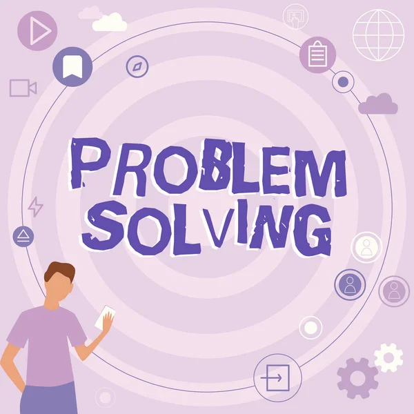 Sign displaying Problem Solving. Conceptual photo to find an answer or means of effectively dealing with Businessman Innovative Thinking Leading Ideas Towards Stable Future. — Stok fotoğraf