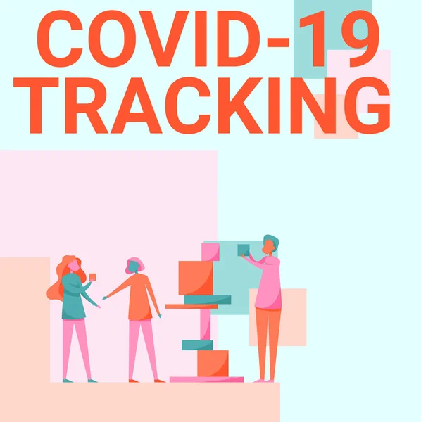 Λεζάντα κειμένου παρουσιάζει το Covid 19 Tracking. Επιχειρηματική προσέγγιση Διακριτική διαδικασία των πιθανών μολυσμένων ατόμων Τρεις συνάδελφοι που στέκονται βοηθώντας ο ένας τον άλλο με δομικά μπλοκ. — Φωτογραφία Αρχείου