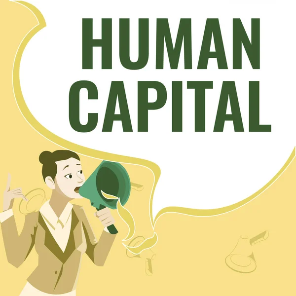 Sign displaying Human Capital. Business overview Intangible Collective Resources Competence Capital Education Female leader holding a megaphone expressing encouraging ideas. — Stockfoto