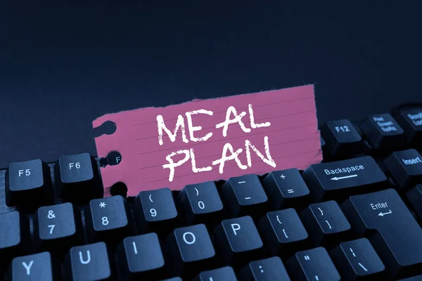 Text showing inspiration Meal Plan. Word for act of taking time to plan any number of meals for the week Entering New Product Key Concept, Typing Movie Subtitle Software — 스톡 사진