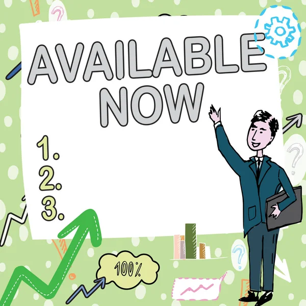 Handwriting text Available Now. Word Written on Handy Eligible Today Present Bachelor Here on Board Accessible Gentleman Drawing Standing Pointing Finger In Blank Whiteboard. — Stockfoto