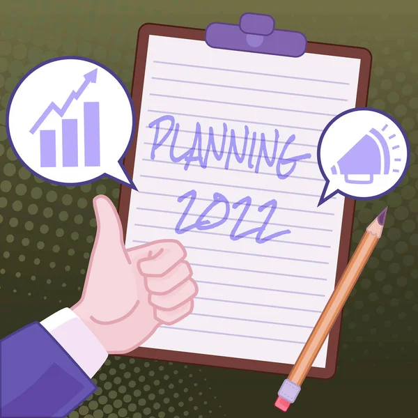 Hand writing sign Planning 2022. Internet Concept Begin with end in the Mind Positioning Long term Objectives Hands Thumbs Up Showing New Ideas. Palms Carrying Note Presenting Plans — Foto Stock