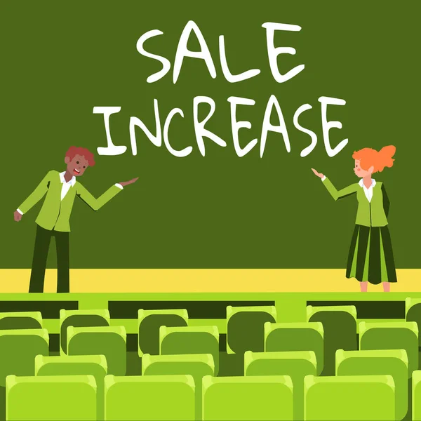 Skiltet viser Salgsøkning. Business approach Average Sales Volume har vokst Boost Inntekt fra Leads Mannlige og kvinnelige kolleger som holder en presentasjon på scenen med håndbevegelser. – stockfoto