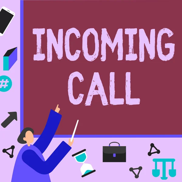 Text sign showing Incoming Call. Word Written on Inbound Received Caller ID Telephone Voicemail Vidcall Businessman Pointing Fingerpresentation Board Representing Planning Projects. — Foto de Stock