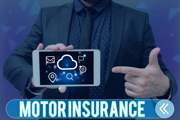 Text showing inspiration Motor Insurance. Business idea Provides financial compensation to cover any injuries Man holding Screen Of Mobile Phone Showing The Futuristic Technology. — Photo