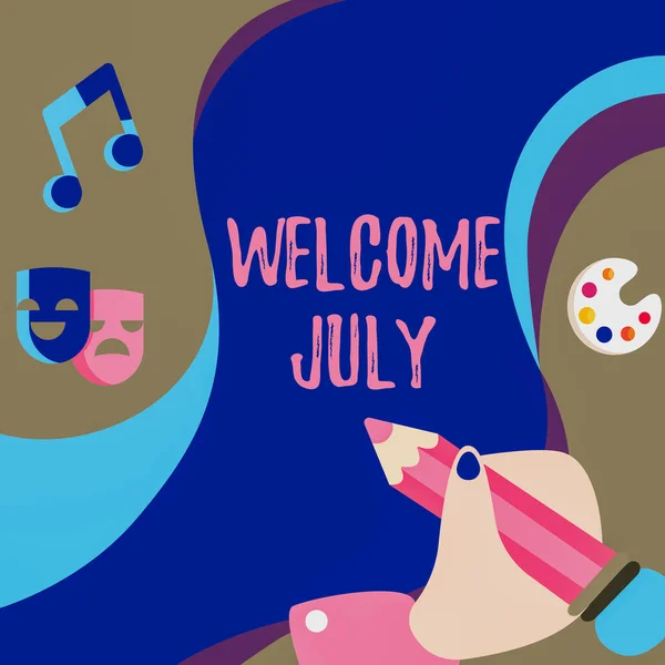 Hand writing sign Welcome July. Conceptual photo Calendar Seventh Month 31days Third Quarter New Season Hand Using Pencil Strategizing Newest Innovative Creative Goal Plans. — Photo