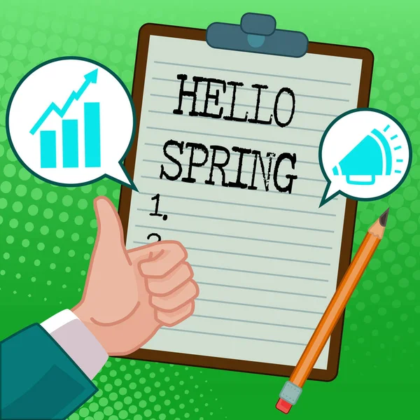 Υπογραφή κειμένου που δείχνει το Hello Spring. Επισκόπηση επιχειρήσεων Καλωσορίζοντας την εποχή μετά το χειμώνα Ανθίζοντας τα λουλούδια Χέρια Αντίχειρες προς τα πάνω Εμφάνιση Νέων Ιδεών. Παλάμες που μεταφέρουν σημείωμα Παρουσιάζοντας σχέδια — Φωτογραφία Αρχείου