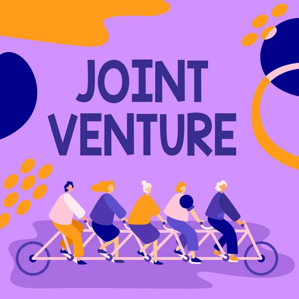 Sign displaying Joint Venture. Concept meaning Collaboration Arrangement Parties Partnership Team Colleagues Riding Bicycle Representing Teamwork Successful Problem Solving. — Fotografia de Stock