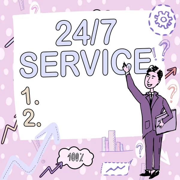 Text caption presenting 24 Or 7 Service. Conceptual photo Always available to serve Runs constantly without disruption Gentleman Drawing Standing Pointing Finger In Blank Whiteboard. — Foto de Stock