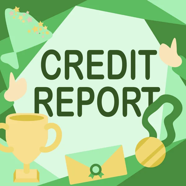 Text sign showing Credit Report. Business idea Borrowing Rap Sheet Bill and Dues Payment Score Debt History People Congratulating Success Presenting Earned Trophy Medals. — Photo