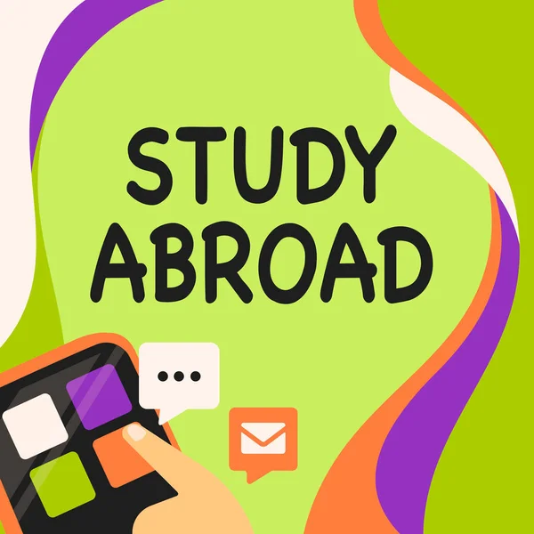 Text caption presenting Study Abroad. Business showcase Pursuing educational opportunities in a foreign country Finger Pressing Application Button Presenting Global Network Connection. — Stockfoto