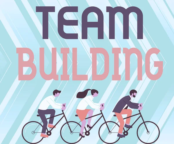 Inspiration showing sign Team Building. Internet Concept Types of activities used to enhance social relations Three Colleagues Riding Bicycle Representing Successful Teamwork. — Fotografia de Stock
