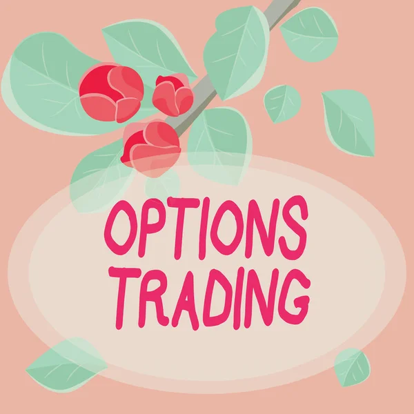 Conceptual display Options Trading. Word for Different options to make goods or services spread worldwide Frame Decorated With Colorful Flowers And Foliage Arranged Harmoniously. — 스톡 사진