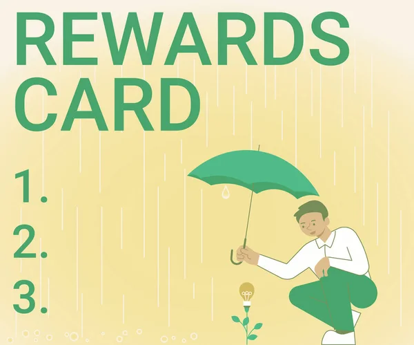 Bildunterschrift: Rewards Card. Konzept bedeutet Geld sammeln Meilen aus dem täglichen Kauf Anreize Gentleman Holding Umbrella Growing Flower Presenting Neueste Projektideen. — Stockfoto