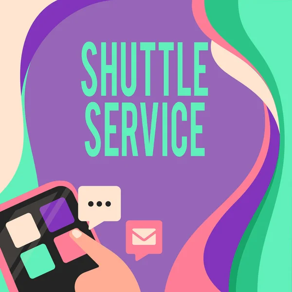 Text showing inspiration Shuttle Service. Word for vehicles like buses travel frequently between two places Finger Pressing Application Button Presenting Global Network Connection. — ストック写真