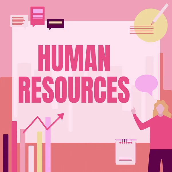 Handwriting text Human Resources. Word Written on The showing who make up the workforce of an organization Businesswoman Casual Standing Presenting Charts And New Wonderful Ideas. — Stockfoto