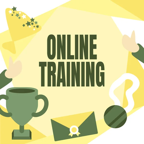 Handwriting text Online Training. Word Written on Take the education program from the electronic means People Congratulating Success Presenting Earned Trophy Medals. — ストック写真