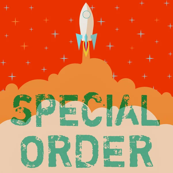 Writing displaying text Special Order. Business idea Specific Item Requested a Routine Memo by Military Headquarters Rocket Ship Launching Fast Straight Up To The Outer Space. — Stockfoto