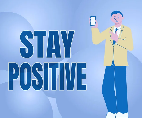 Hand writing sign Stay Positive. Business concept Engage in Uplifting Thoughts Be Optimistic and Real Man Holding Screen Of Mobile Phone Showing The Futuristic Technology. — Foto de Stock