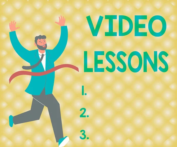 Inspiration showing sign Video Lessons. Word Written on Online Education material for a topic Viewing and learning Gentleman In Suit Running Towards Finish Line Celebrating Success — Stockfoto