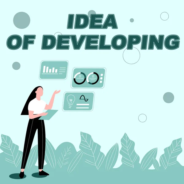 Sign displaying Idea Of Developing. Internet Concept Startup launch innovation product, creative thinking Illustration Of Girl Sharing Ideas For Skill Discussing Work Strategies. — Photo