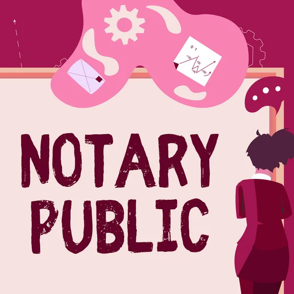 Sign displaying Notary Public. Business approach Legality Documentation Authorization Certification Contract Businesswoman presenting business proposal and updates on board. — ストック写真