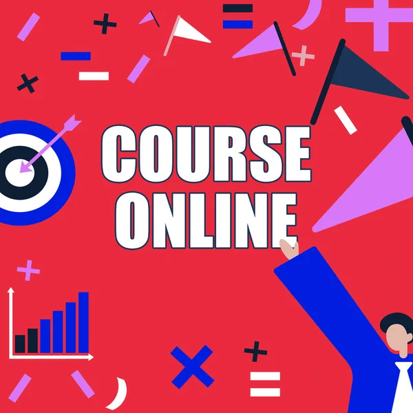 El yazısı tabelası Course Online. Elektronik Eğitim Uzaktan Öğrenme Uzaktan Çalışması Başarılı Takım Elbiseli Beyefendi Mevcut Hedefleri Gösteriyor.