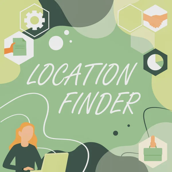 Text sign showing Location Finder. Word for A service featured to find the address of a selected place Woman Innovative Thinking Leading Ideas Towards Stable Future. — Fotografia de Stock