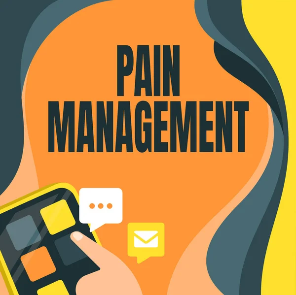 Text sign showing Pain Management. Business overview a branch of medicine employing an interdisciplinary approach Finger Pressing Application Button Presenting Global Network Connection. — Stock Fotó