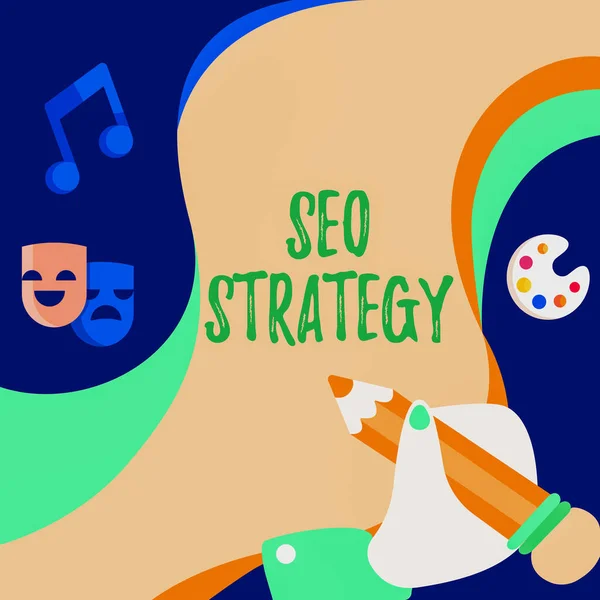 Sign displaying Seo Strategy. Word Written on Techniques and tactics to increase the visitors of a website Hand Using Pencil Strategizing Newest Innovative Creative Goal Plans. — Zdjęcie stockowe