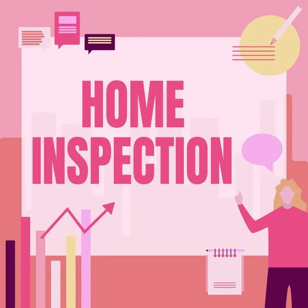 Text showing inspiration Home Inspection. Business idea Examination of the condition of a home related property Businesswoman Casual Standing Presenting Charts And New Wonderful Ideas. — 스톡 사진