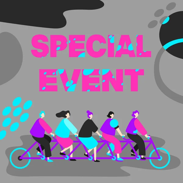 Text sign showing Special Event. Business approach Function to generate money for non profit a Crowded Occassion Colleagues Riding Bicycle Representing Teamwork Successful Problem Solving. —  Fotos de Stock