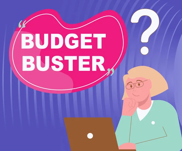 Text caption presenting Budget Buster. Business concept Carefree Spending Bargains Unnecessary Purchases Overspending Lady Drawing Brainstorming New Solutions Surrounded With Question Marks — Stock fotografie