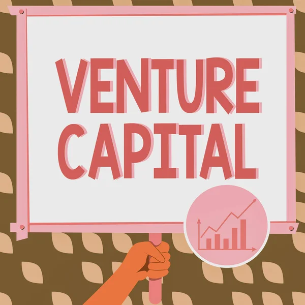 Hand writing sign Venture Capital. Concept meaning financing provided by firms to small early stage ones Hand Holding Panel Board Displaying Latest Financial Growth Strategies. — стоковое фото