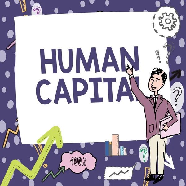 Handwriting text Human Capital. Business concept Intangible Collective Resources Competence Capital Education Gentleman Drawing Standing Pointing Finger In Blank Whiteboard. — Stockfoto