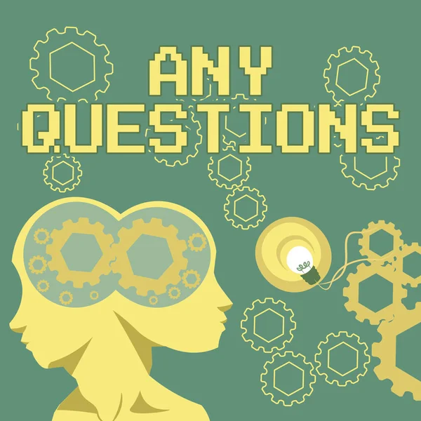 Sign displaying Any Questions. Concept meaning Clueless Blank face Inquiry Disputes Probes Issues Riddles Two Heads With Cogs Showing Technology Ideas. — Stockfoto
