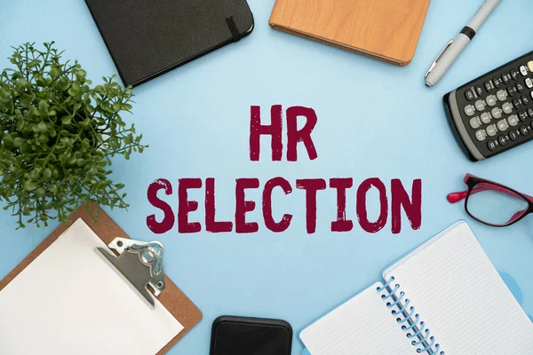 Text sign showing Hr Selection. Business concept Process and approached by human resources when hiring employees Flashy School Office Supplies, Teaching Learning Collections, Writing Tools, — Stok fotoğraf