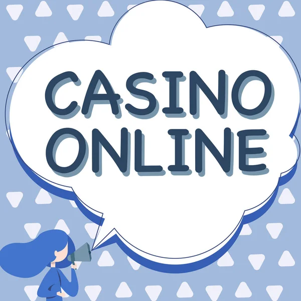Conceptual display Casino Online. Internet Concept Computer Poker Game Gamble Royal Bet Lotto High Stakes Woman Talking Through Megaphone Making Announcement With Speech Bubble. — Foto Stock