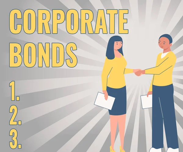 Hand writing sign Corporate Bonds. Concept meaning corporation to raise financing for variety of reasons Partners Shaking Signing Contract Unlocking New Ideas And Opportunities — Foto Stock