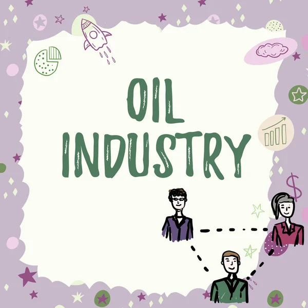 Hand writing sign Oil Industry. Concept meaning Exploration Extraction Refining Marketing petroleum products Blank frame represent company employees demonstrating business terms. — Foto Stock