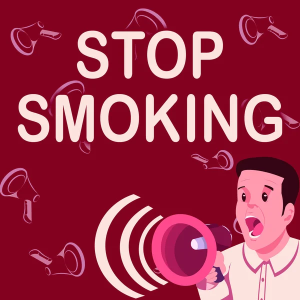 概念标题：戒烟。关于停止使用或停止使用烟瘾的文字商人通过扩音器进行精彩的新宣布 — 图库照片