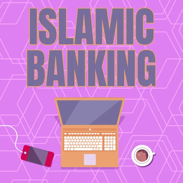 Segno di scrittura a mano Islamic Banking. Approccio commerciale Sistema bancario basato sui principi della legge islamica Laptop poggiante su un tavolo accanto a tazza di caffè e pianta che mostra il processo di lavoro. — Foto Stock