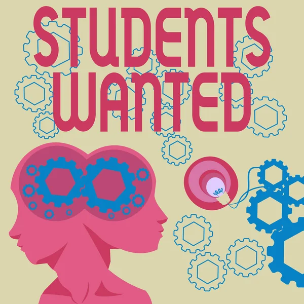 Conceptual display Students Wanted. Business idea list of things wishes or dreams young showing in school want Two Heads With Cogs Showing Technology Ideas. — Stock fotografie