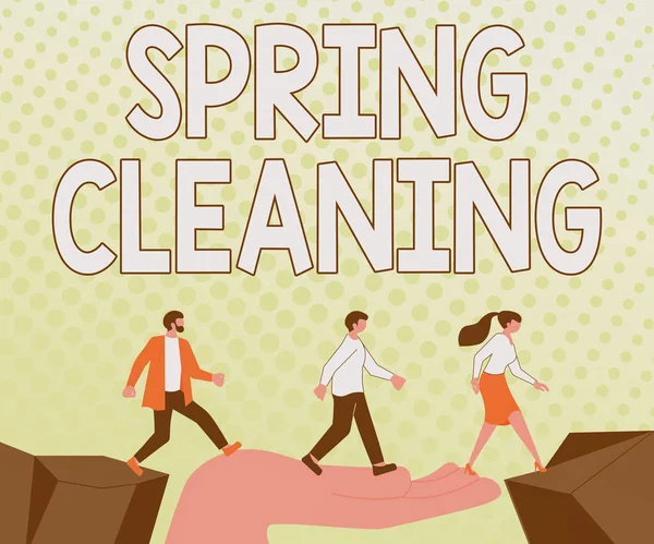 Inspiration showing sign Spring Cleaning. Business showcase practice of thoroughly cleaning house in the springtime Colleagues Crossing Obstacles Hand Bridge Presenting Teamwork Collaboration. — Foto Stock