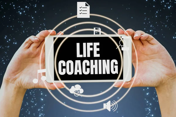 Handwriting text Life Coaching. Conceptual photo Improve Lives by Challenges Encourages us in our Careers Hands holding tablet presenting innovative ideas symbolizing technology. —  Fotos de Stock