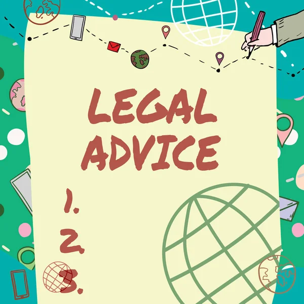 Text showing inspiration Legal Advice. Business concept Lawyer opinion about law procedure in a particular situation Plain Whiteboard With Hand Drawing Guide Line For Steps Over World Globe. — Stock Fotó
