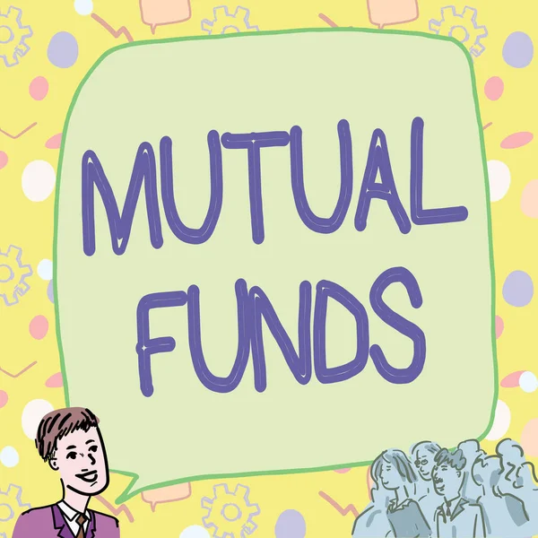 Handwriting text Mutual Funds. Word Written on An investment program funded by shareholders Individual Stocks Businessman With Large Speech Bubble Talking To Crowd Presenting New Ideas — Stockfoto