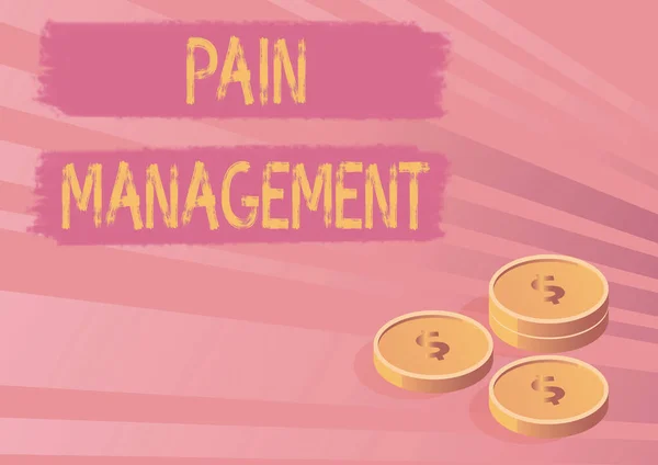 Text caption presenting Pain Management. Business concept a branch of medicine employing an interdisciplinary approach Coins symbolizing future financial plans successfully calculating mortgage. — Stock Fotó